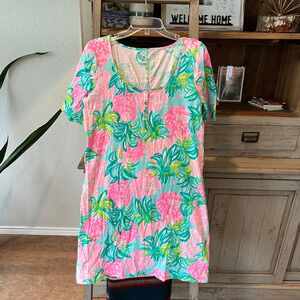 Lilly Pulitzer women’s Gavyn tshirt Henley Blue Ibiza Pineapple shake dress sz L